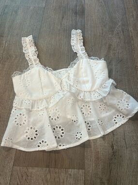 White Lace Babydoll Tank Top with Ruffles and Bow Coquette Fairy Cottagecore